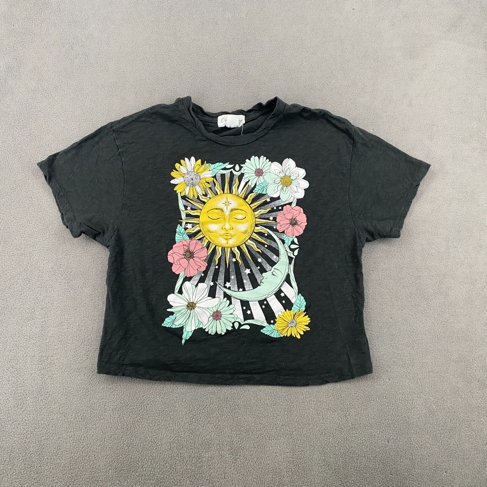 Outlaw Crop T Shirt Womens XS Black Cotton Sun Moon Floral Celestial Graphic